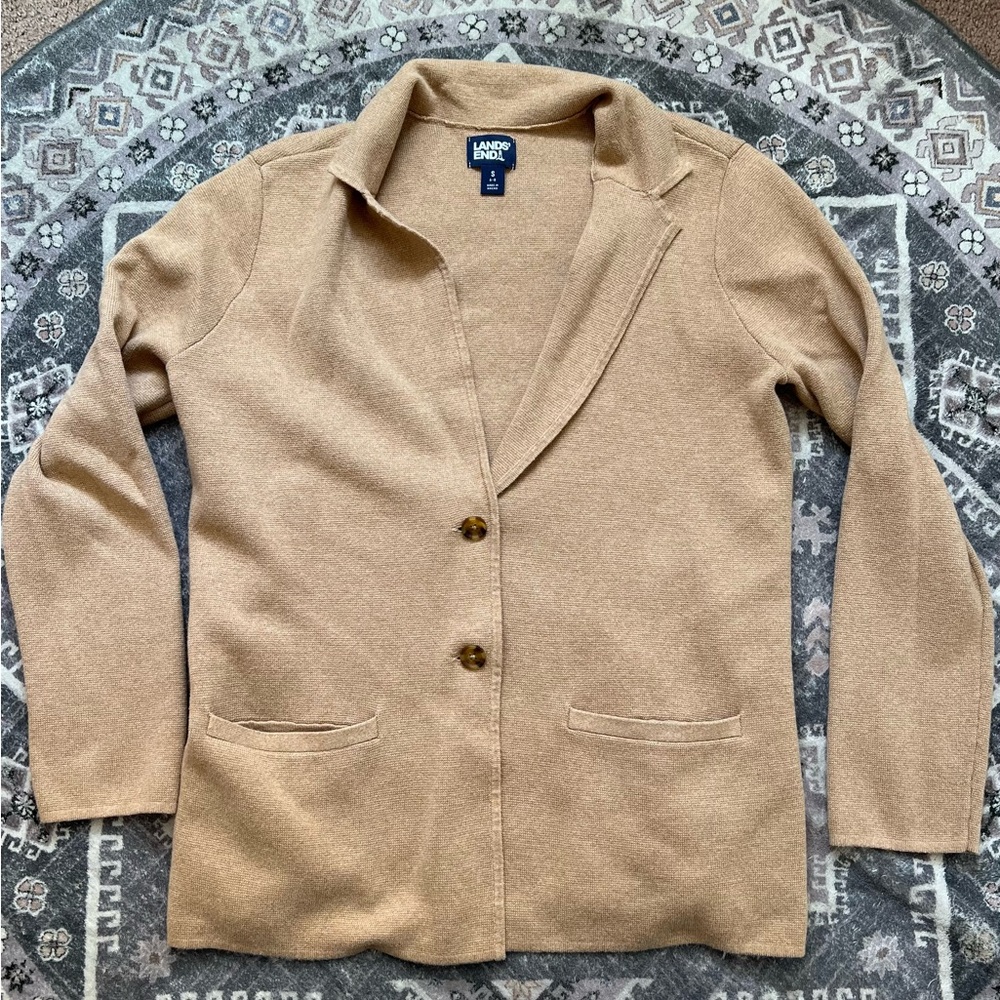 Lands' End Tan Knit Blazer Relaxed Silhouette
